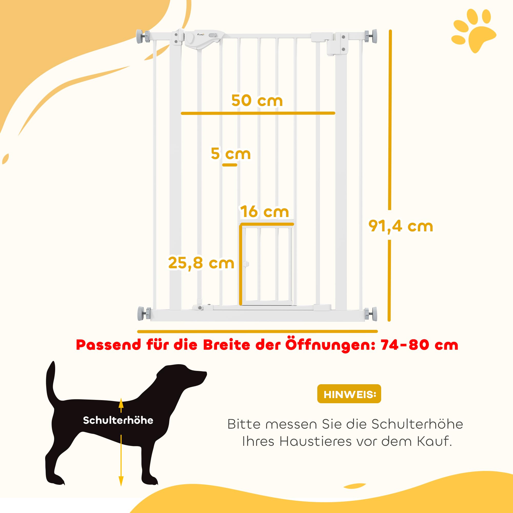 PawHut Treppenschutzgitter Ohne Bohren 74-80cm für Kinder Haustiere Weiß | Türschutzgitter, Kinderschutzgitter, Auto-Close, Einhand Öffnung, Doppelte Verriegelung, Türgitter für Treppen Türen