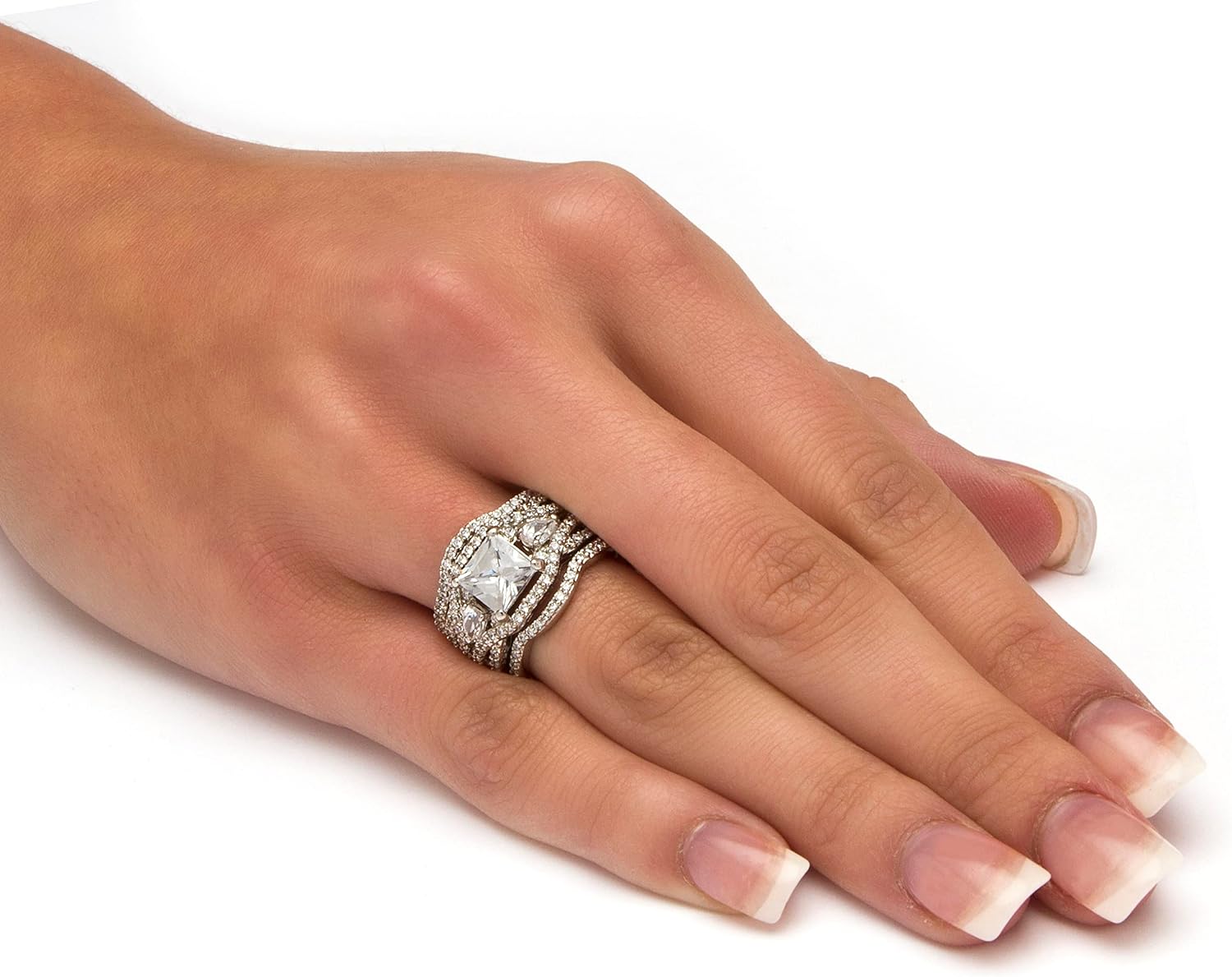 Palm Beach Jewelry PalmBeach Platinum-plated Sterling Silver Princess Cut Cubic Zirconia 3 Piece Highway Bridal Ring Set Sizes 6-10