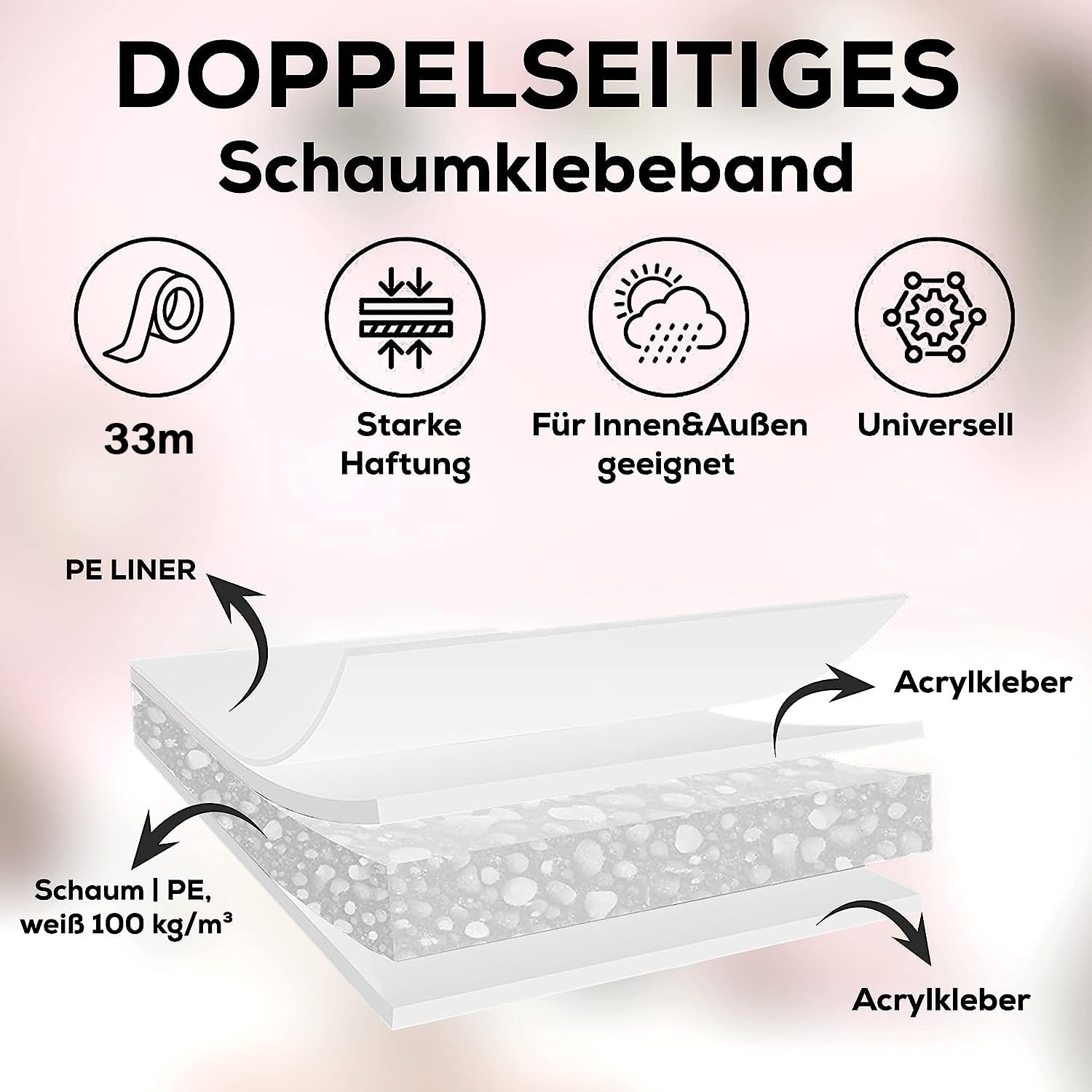 Schaumklebeband doppelseitig | 2mm dick | Montageklebeband | doppelseitiges Klebeband | Spiegelklebeband stark klebend (30mm x 33m)
