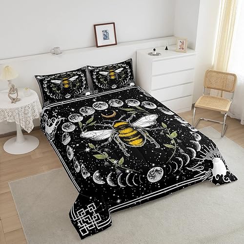 Miniatura 3 de Erosebridal Juego de edredón de abeja, juego de ropa de cama de fase lunar tamaño individual, juego de ropa de cama de estrellas trippy con hojas
