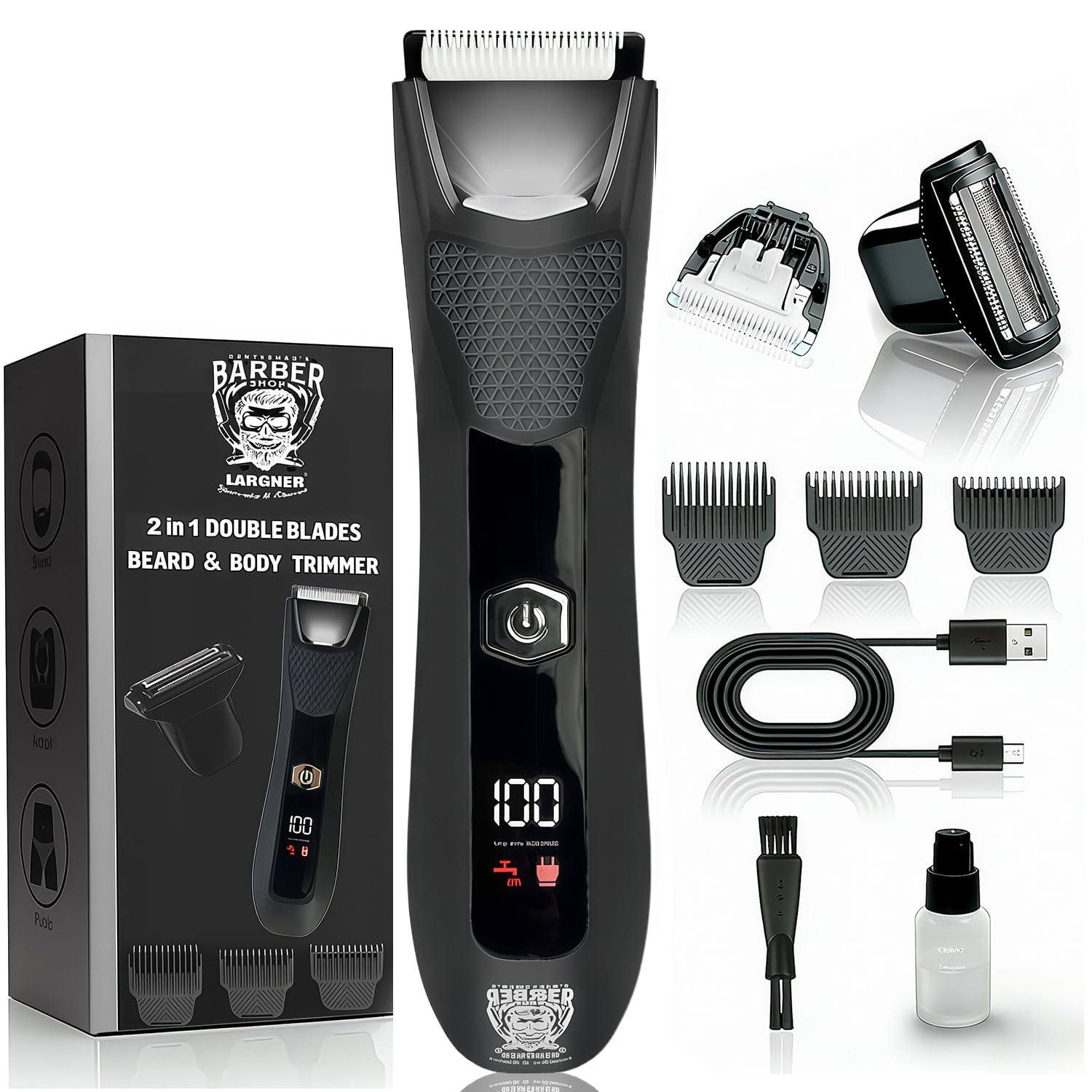 Body Hair Trimmer for Men, 2-in-1 Pubic Hair Ball Trimmer Hair Groomer Hair Shaver with Dual-Head, Ceramic Blade Electric Razor Body Shavers,No-Nick Shaving,IPX7 Waterproof & LED Light