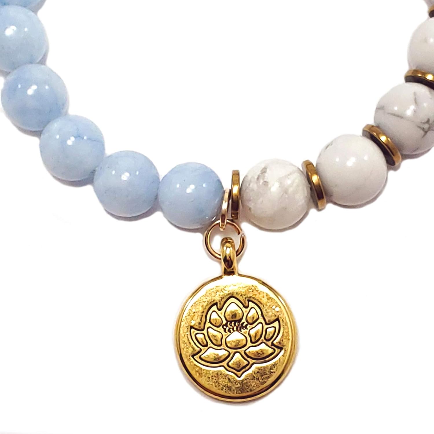 Natural Gemstone Bracelet Collection – Celestite, Emerald Green Jade, or Rose Quartz with White Howlite & Gold Lotus Charm – US Handmade 8mm Beaded Stretch Bracelet for Women & Men