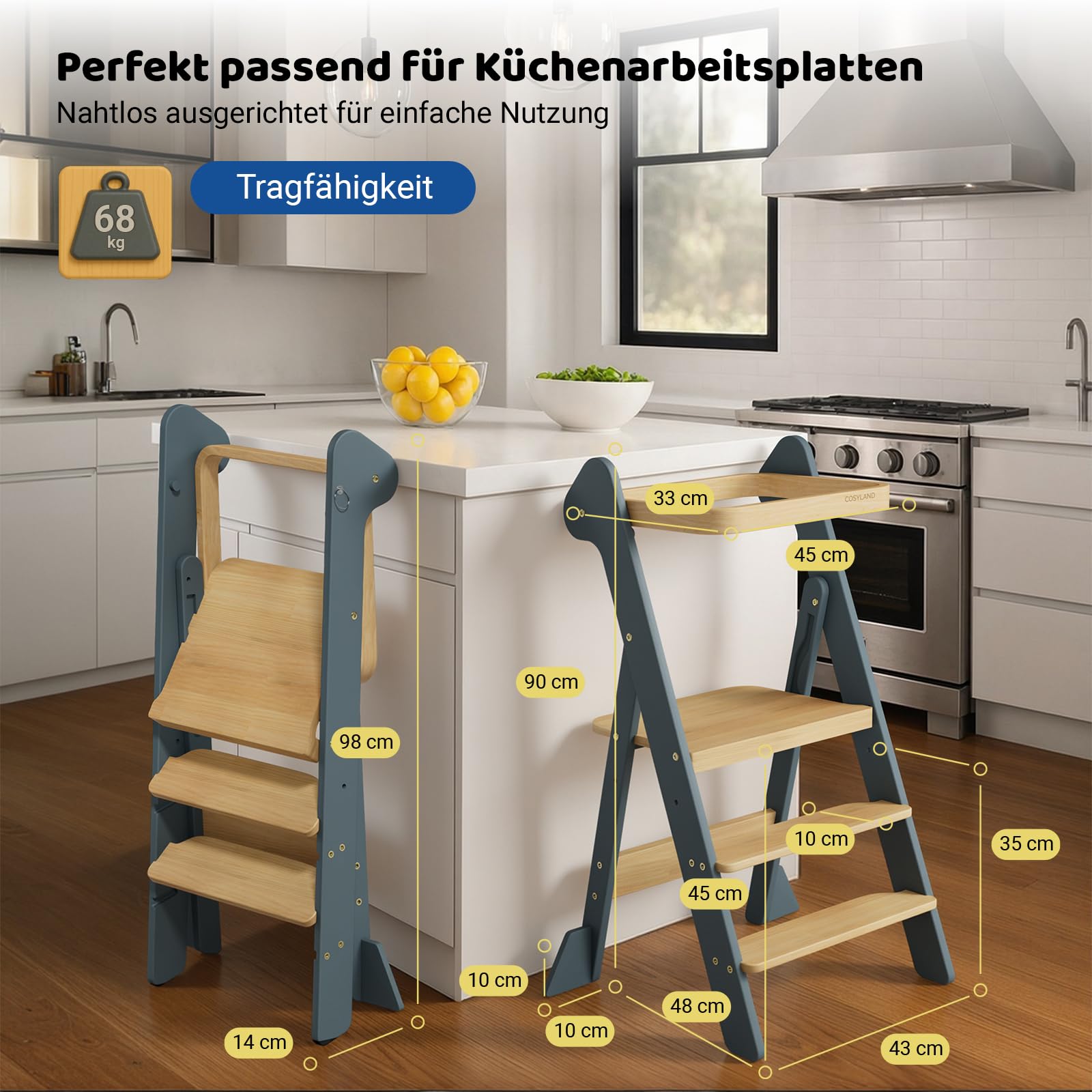 COSYLAND Lernturm ab 1 Jahr klappbar – iF Design Award Gewinner, höhenverstellbarer Lernturm mit Sicherheitsnetz, Montessori Learning Tower/Lernstuhl für Kinder, Holz (Schieferblau & Natur)