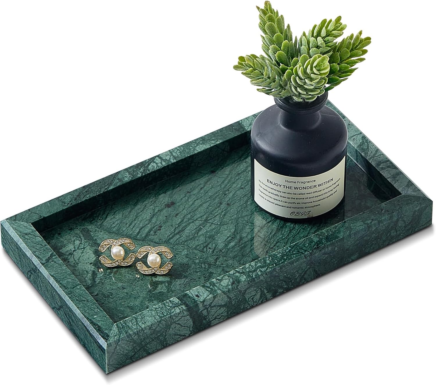 Natural Small Marble Vanity Tray, Luxury Stone Organizer for Bathroom & Kitchen | Holds Soap Dispenser, Jewelry, Perfume | Non-Resin, Non-Ceramic Décor (Green, Mini (7.9" x 4.3" x 0.78"))