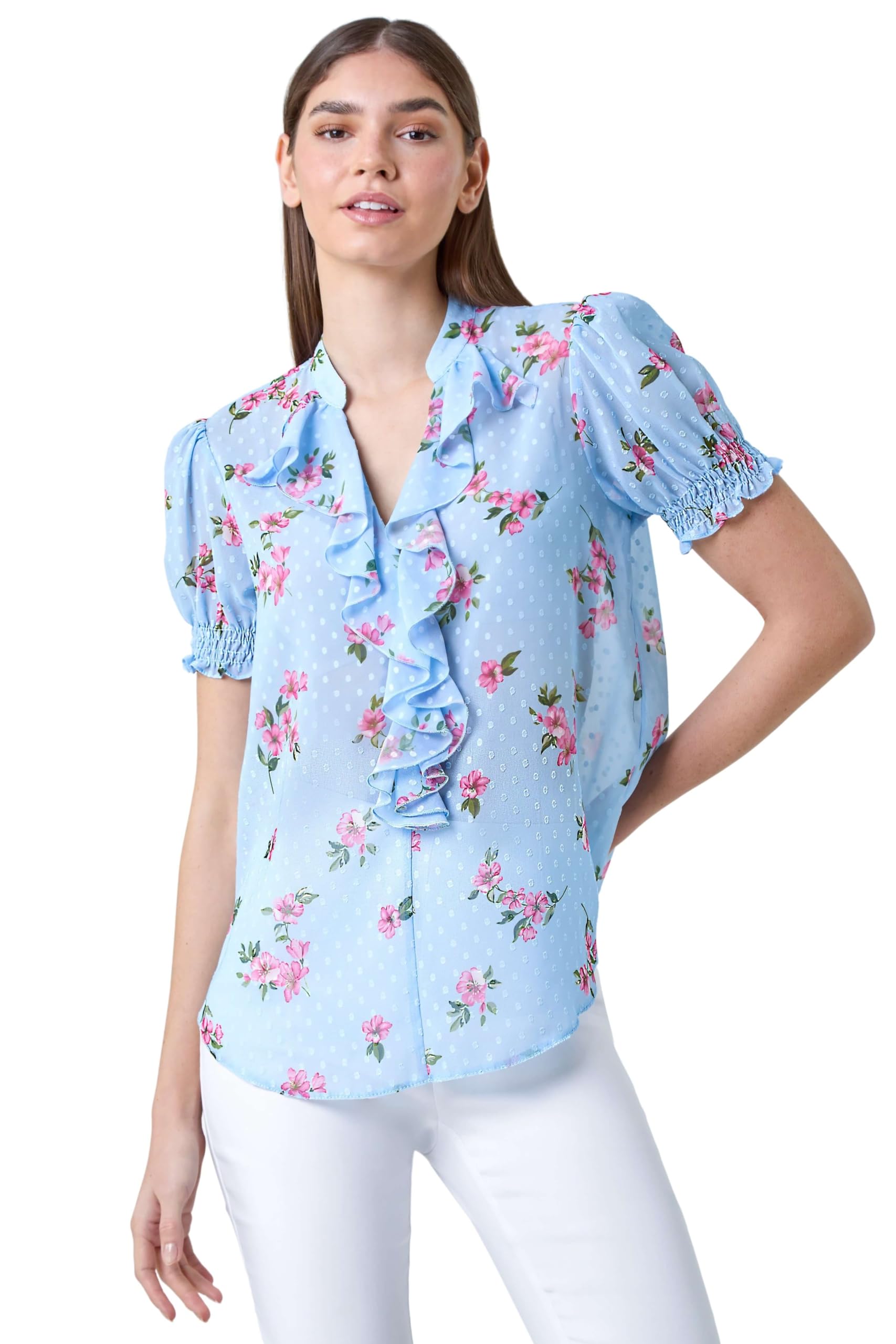 Roman Originals Women's Blue Pink Green Roman Frill Front Vest Top Ruffle Blouse Summer Spring Special Occasion Evening Holiday Cruise Cocktail Party Short Long Sleeve Sleeveless V-Neck - Size 12