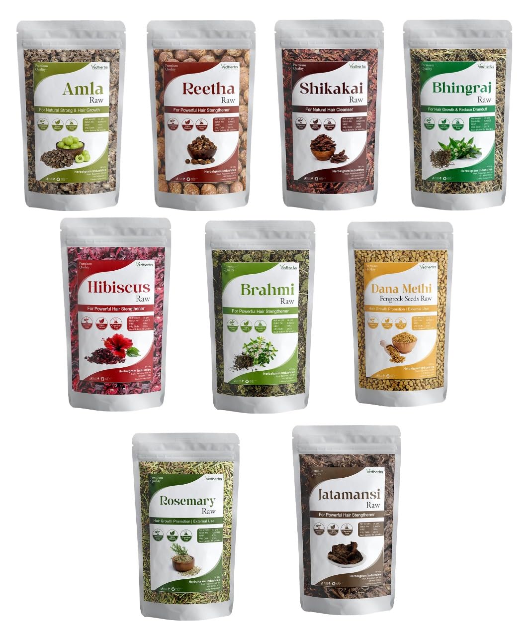 Vedherbs Raw Amla Reetha Shikakai Hibiscus Bhringraj Brahmi Jatamansi Methi Dana & Rosemary Leaves 50g Each | Ayurvedic Herbal Blend for Hair Growth, Scalp Health & Wellness | DIY Hair Care
