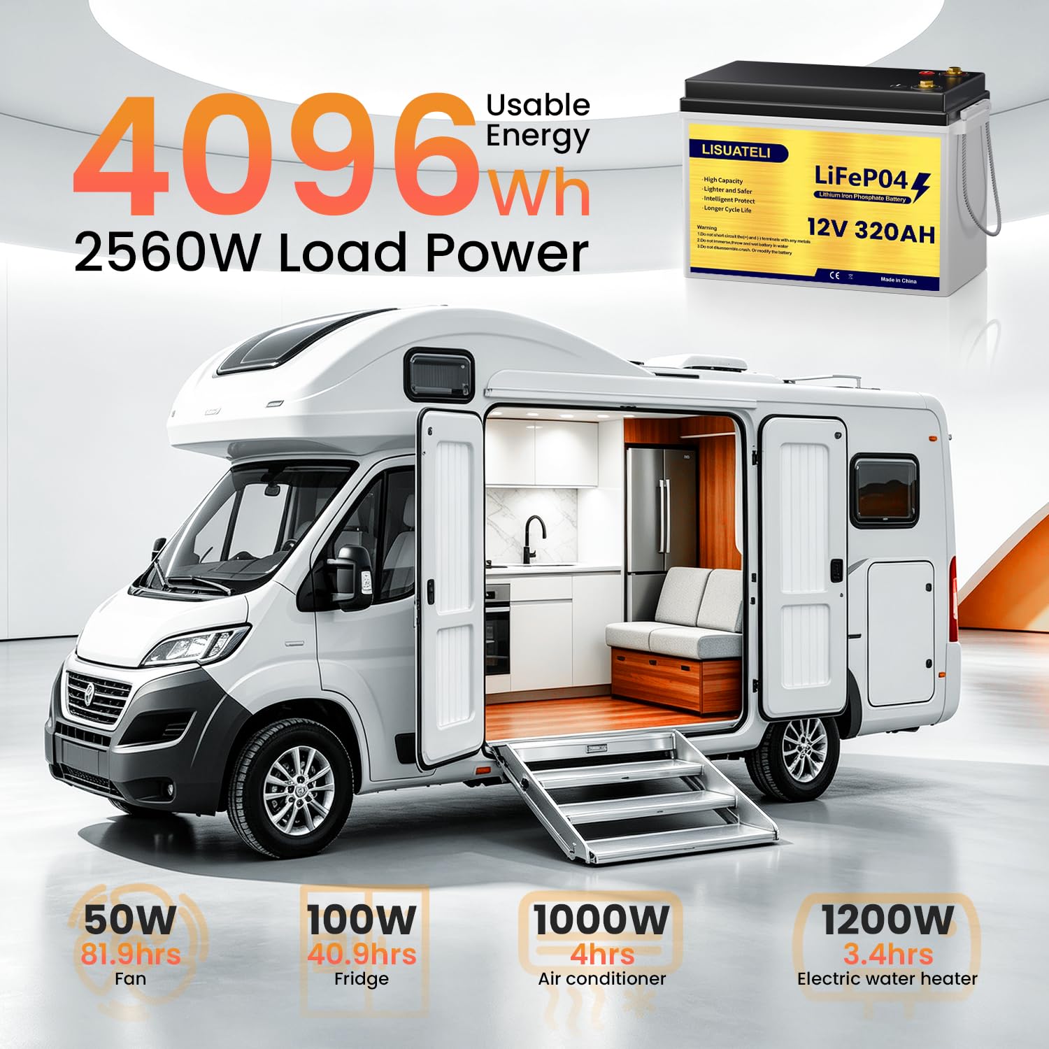 Batería de litio LiFePO4 de 12 V 320 Ah con supervisión de aplicación, 200 A BMS, 2560 W de potencia máxima para autocaravana, solar, barco, off-grid