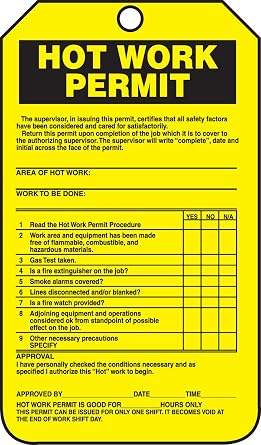 Accuform TCS372CTP PF-Cardstock Confined Space Tag, Legend "Hot Work Permit", 5.75" Length x 3.25" Width x 0.010" Thickness, Black on Yellow Pack of 25