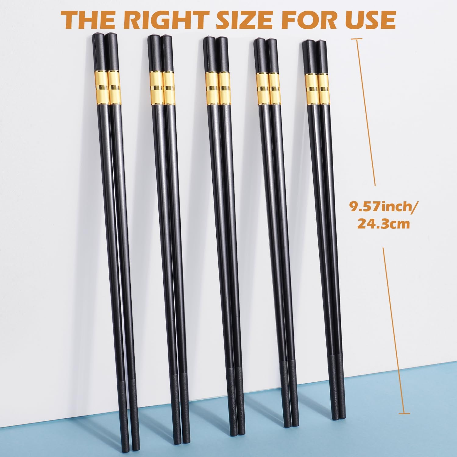 GLAMFIELDS 5 Pairs Premium Chopsticks Reusable Dishwasher Safe 9.5 Inch Fiberglass Chop Sticks Gift Set Non Slip Black+Gold image 2
