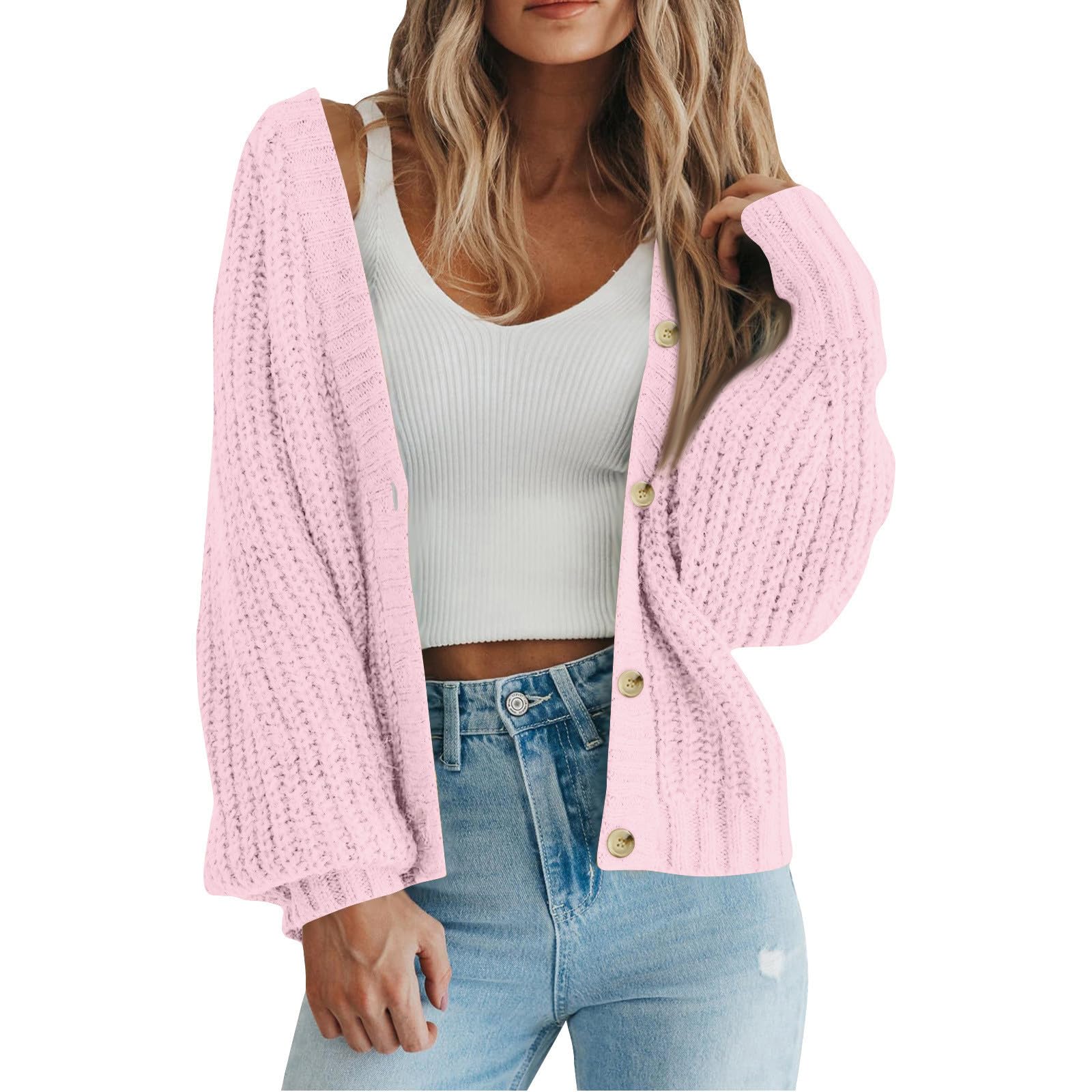 Cardigan Sweaters for Women Chunky Knit Button Down Sweater Coat Open Front Long Sleeve Cropped Cardigans Outwear