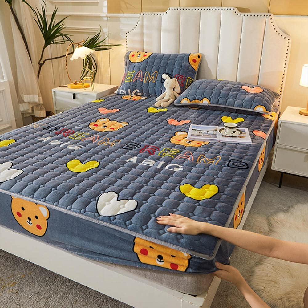 Hotel Quality Fitted Sheet,Children's Thick Warm Coral Fleece Quilted Mattress Top Hat, Kids Bedroom Cartoon Anime Print Fitted Bed Sheet Pillowcase Rabbit 180cmx200cm (3pcs)