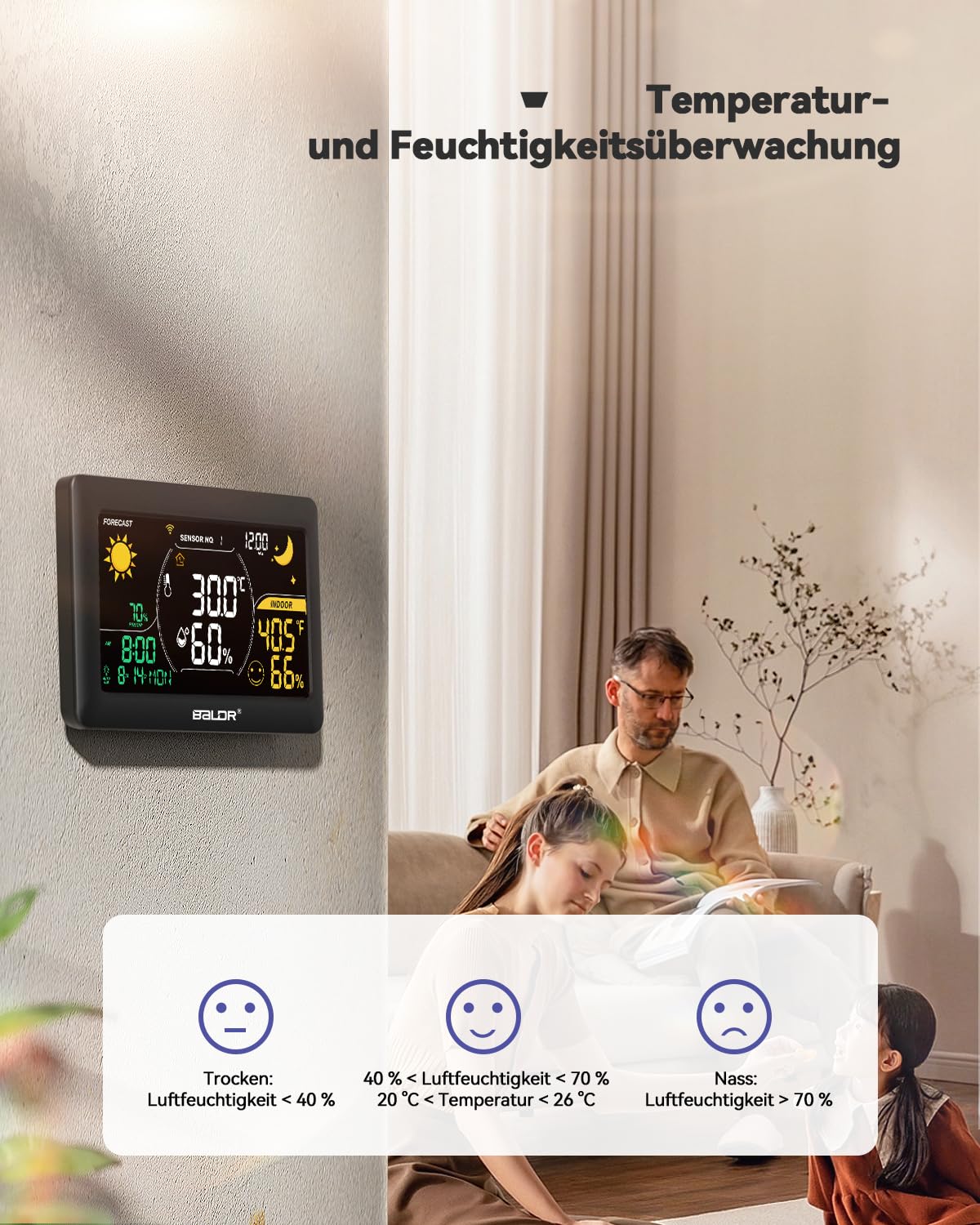 BALDR WLAN-Wetterstation mit App, 7,5-Zoll-Farbdisplay, 3 drahtlose Sensoren, kabellose Wetterstation für drinnen und draußen mit Echtzeit-Internetvorhersage