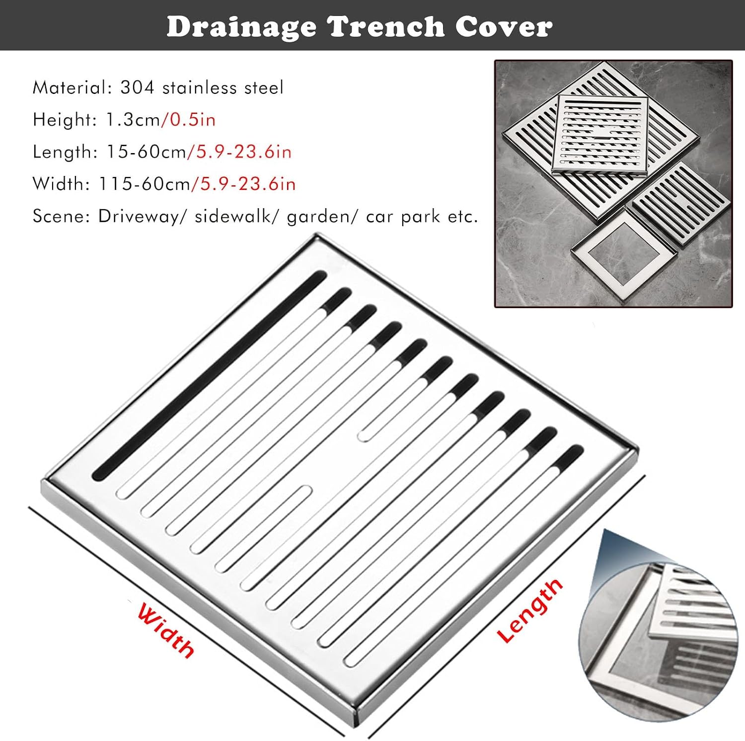 Drainage Floor Drain Cover with Frame for Concrete Floor Yard Garden Deck Square Grating 30x30x1.3cm Customized Size Patio Decoration Gutter Rain Grate Well Cover (1 Pack)