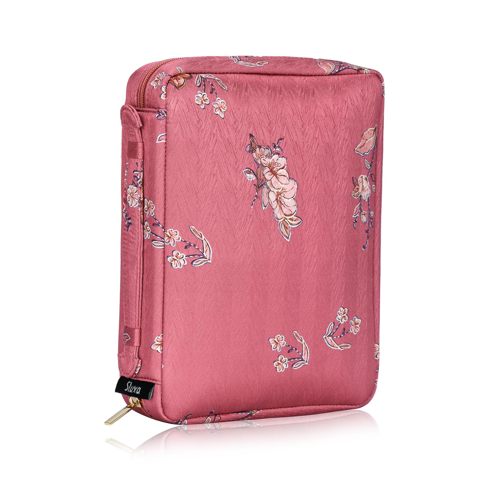 Sluxa Luxury Silk Stain Bible Cover Case for Women, Pink Bible Case with Classic Flower Pattern, Multifunction Bible Tote Bag