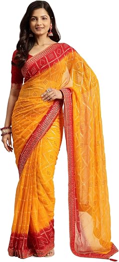 RATAN Women's Chiffon Bandhani Printed Saree without Blouse Piece