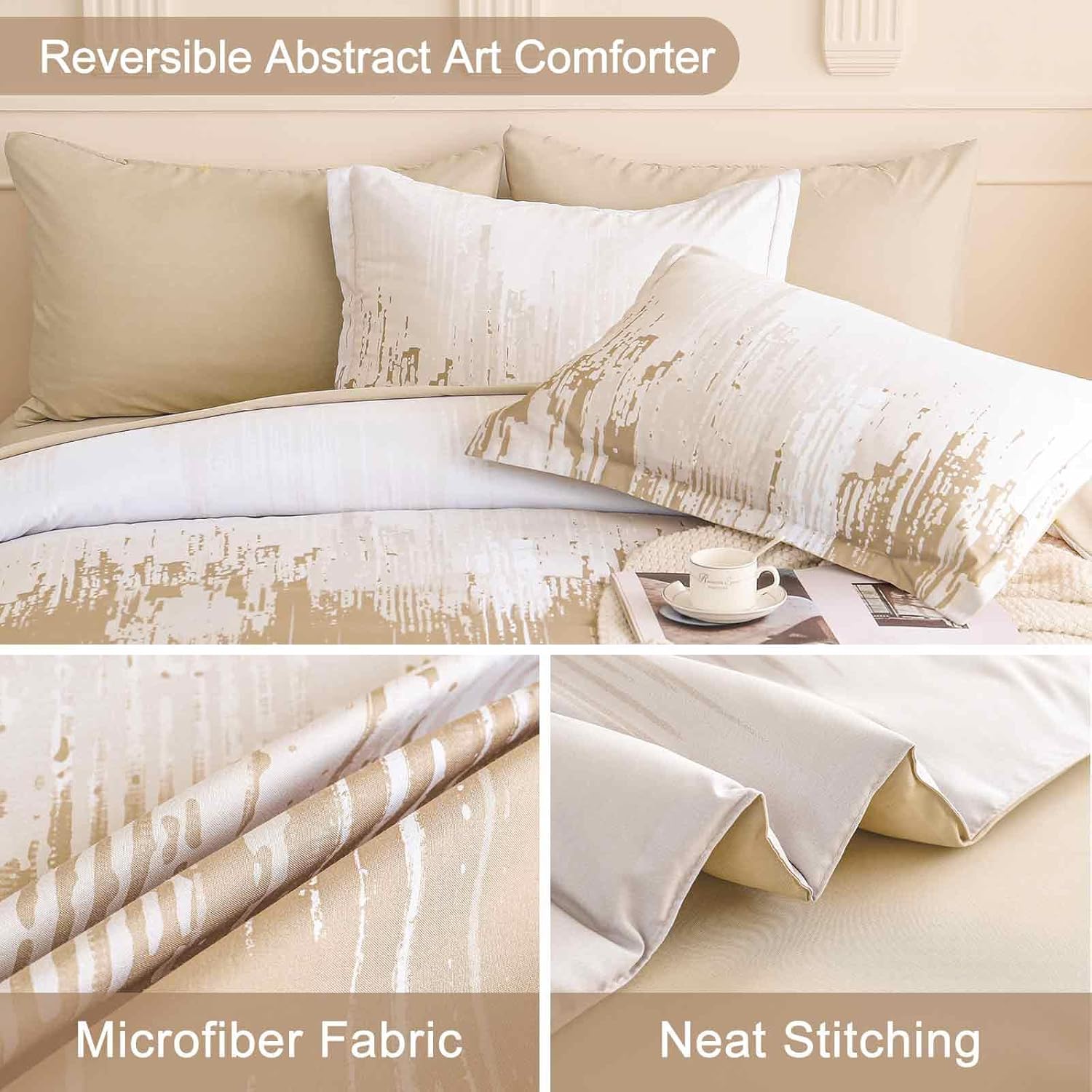 WONGS BEDDING Comforter Set King, Ombre Beige 7 Pieces Bed in a Bag Colorful Abstract Art Gradient Comforter Soft Microfiber Bedding Set with Flat Sheet, Fitted Sheet, Pillow Shams, Pillowcases - Image 6