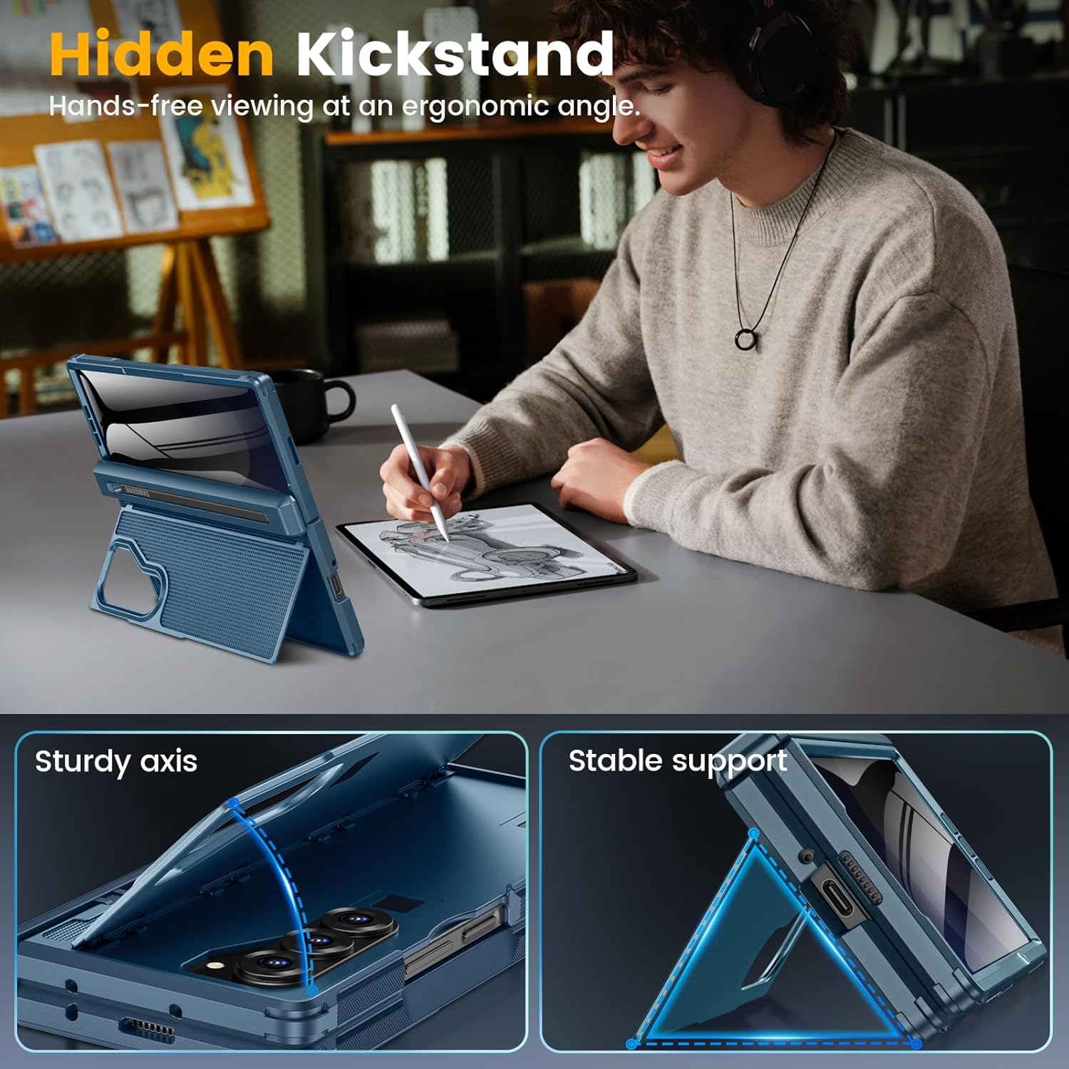 Caka for Samsung Galaxy Z Fold 6 Case [Thinner S Pen Holder] [Hidden Kickstand] [Hinge Protection] [Screen Protector] Shockproof Hard Phone Cover with Anti-Slip Textured for Fold6 - Privacy Blue