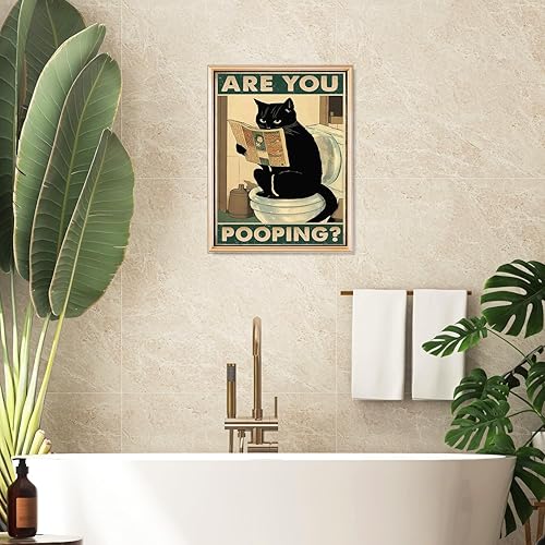 Miniatura 3 de Divertido arte de pared de gato negro con texto en inglés "Are You Pooping", letrero vintage de gato sentado en el inodoro, póster de periódico para