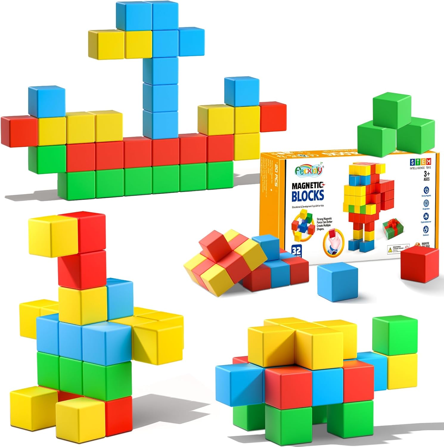 Magnetic Blocks,1.42 inch 32pcs Large Magnetic Building Block for Toddlers 3 4 5 6 7 8 Year Old Boys Girls Color Magnet Cubes Learning Toys for Kids 1-3 Sensory Toys Age 4-8 Gift