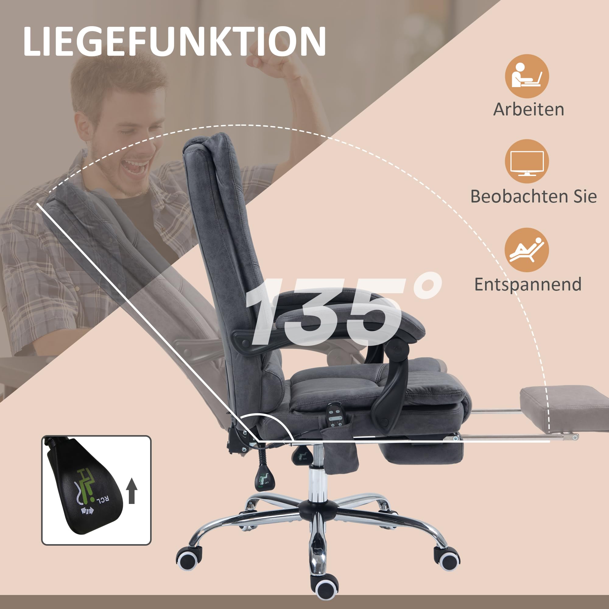Vinsetto Bürostuhl mit Vibrationsmassage, aus Mikrofaser, Dunkelgrau | Ergonomischer Chefsessel, Lendenwärmer, Schreibtischstuhl, Liegefunktion, Fußstütze, Höhenverstellbar, mit Seitentasche