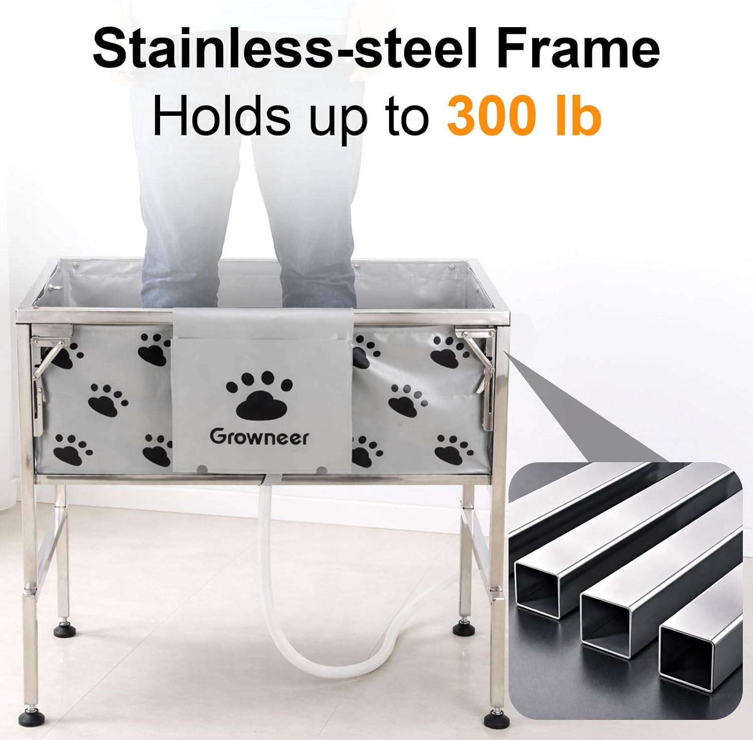 GROWNEER Foldable Dog Bath Tub,300LB Portable Pet Grooming Tub with Stainless Steel Frame, Elevated Dog Washing Station for Small to Medium Dogs and Cats, Indoor Outdoor Use