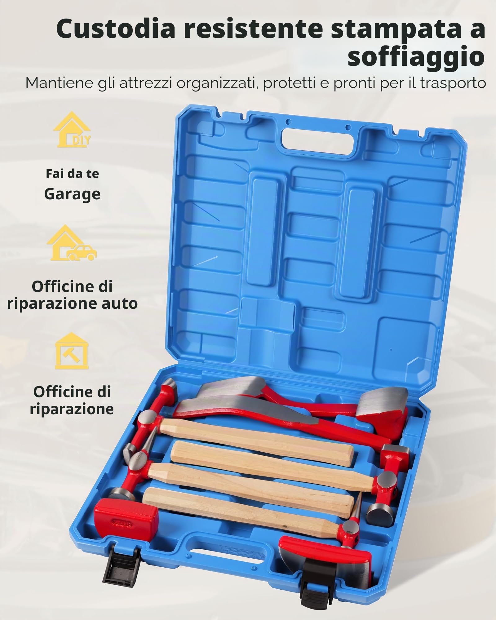 DAYUAN Set di attrezzi per riparazione auto, 9 pezzi, kit di riparazione per parafanghi | 4 martelli e 5 carrelli, forgiati per la resistenza, per riparare parafanghi, paraurti e ammaccature, custodia blu