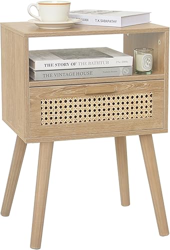 Miniatura 10 de MaxSmeo Mesita de noche blanca con cajón, mesita de noche moderna de mediados de siglo, mesa auxiliar de ratán, mesa auxiliar con almacenamiento