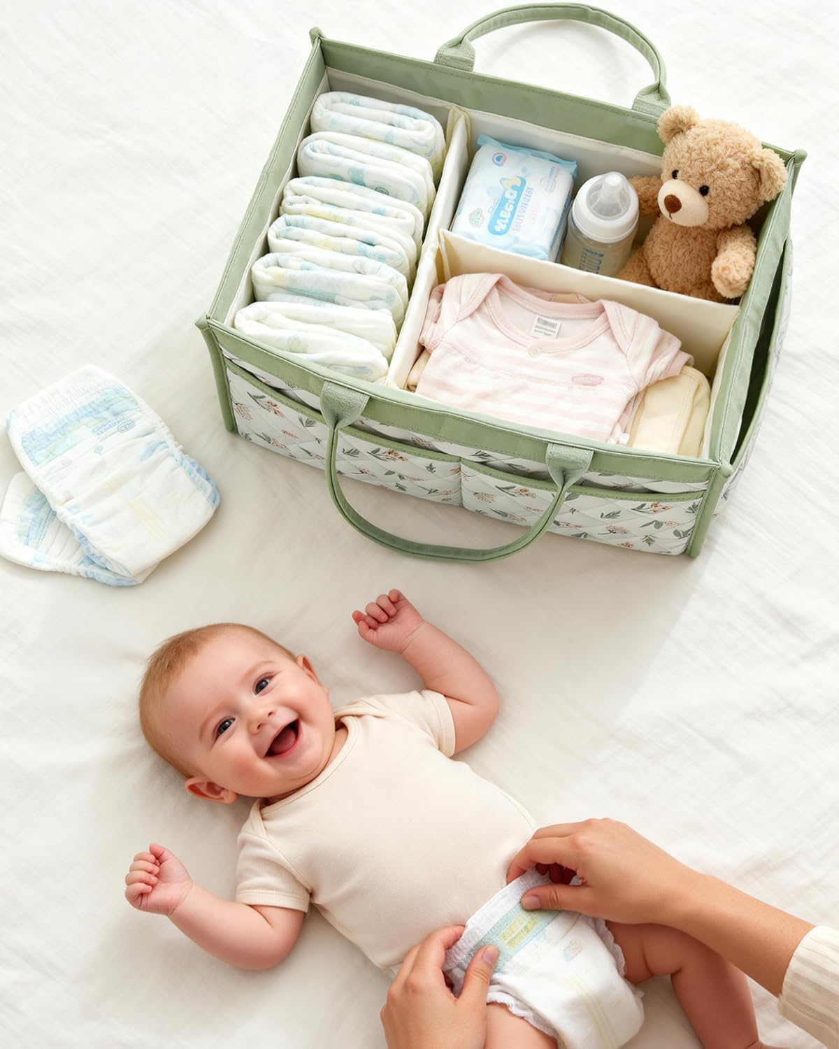Tivellary Baby Diaper Caddy Organizer – Stylish Storage Basket for Newborn Essentials, Nursery & Diaper Station, Registry Must-Have, Sage Green Botanical