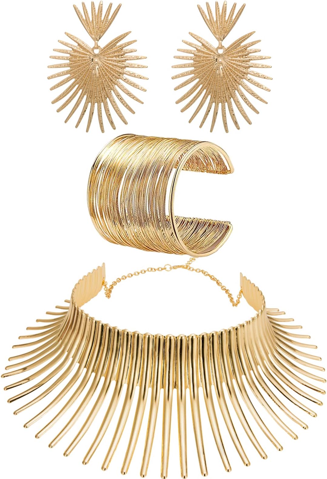 African Collar Choker Necklace Earrings Bangle Set for Women Statement Tooth Shape Tribal African