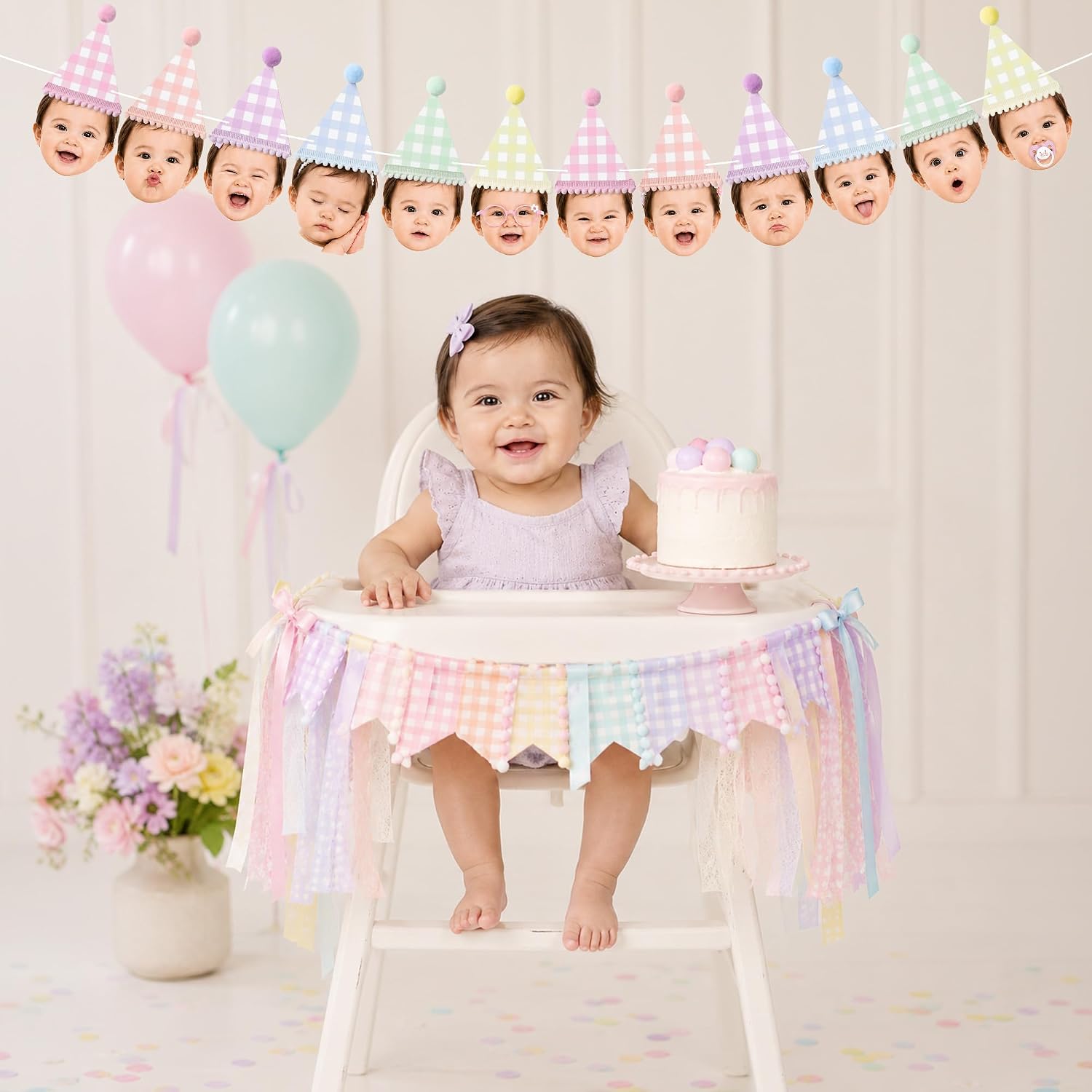 Kriyokiaa Fun to Be One Birthday Decorations DIY Face Banner with 12 Pcs Pastel Checkered Party Hat Photo Garland, Personalized First Birthday Decorations for Boy Girl 1st Birthday Party Supplies