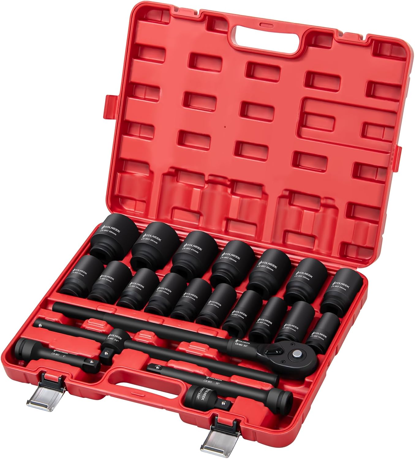 3/4" Impact Socket Set, 22PCS 6-Point Metric Sizes (19mm-50mm), Cr-Mo Steel Set with Adapters, Quick Release Ratchet Wrench, Andextension Rod & Durable Storage Case