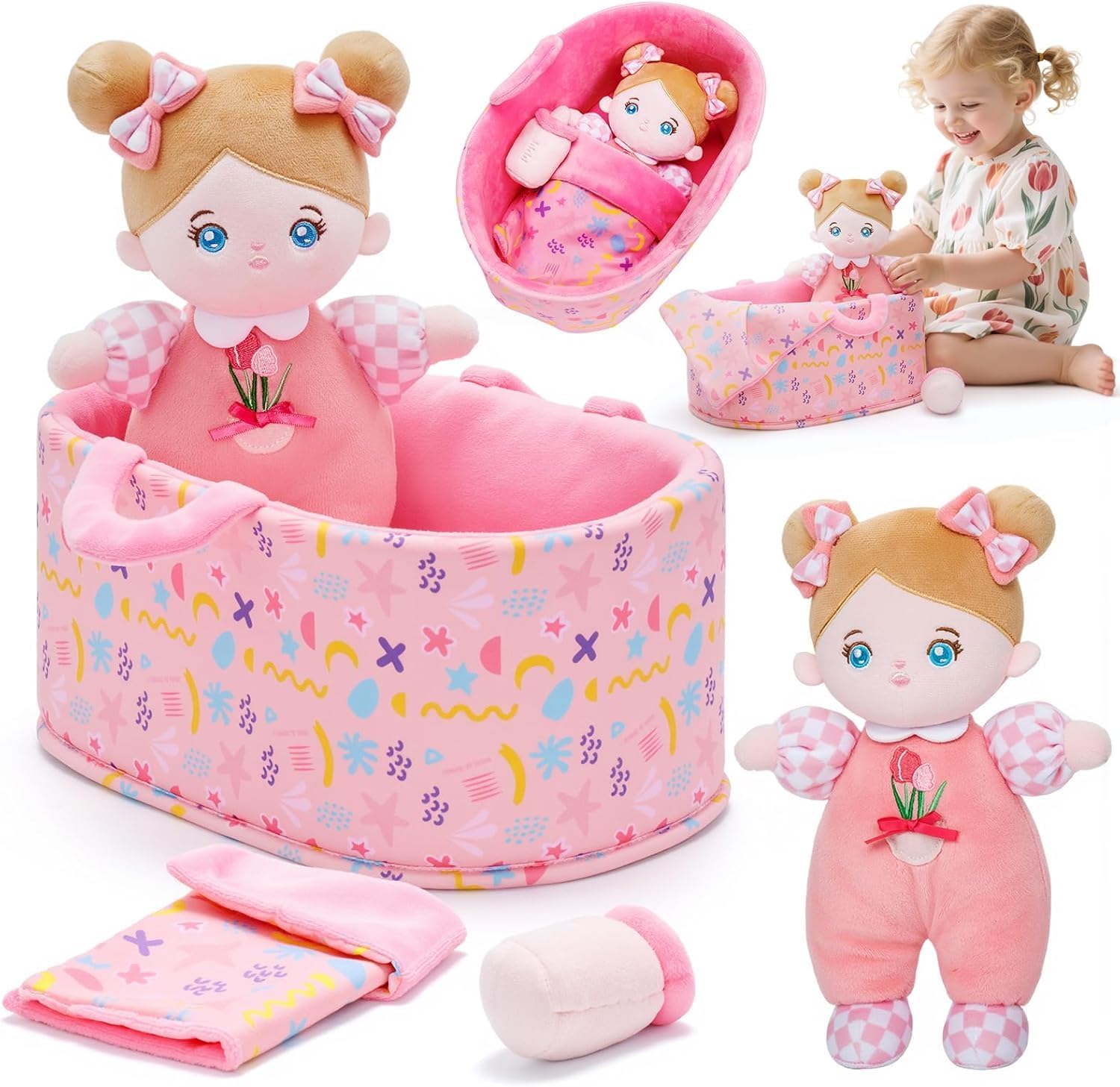 OUOZZZ Baby Doll Accessories with Soft Doll, Bassinet, Blanket and Bottle | Interactive Pretend Playset for Social Emotional Learning, Educational Toy for 2 Year Old Girls