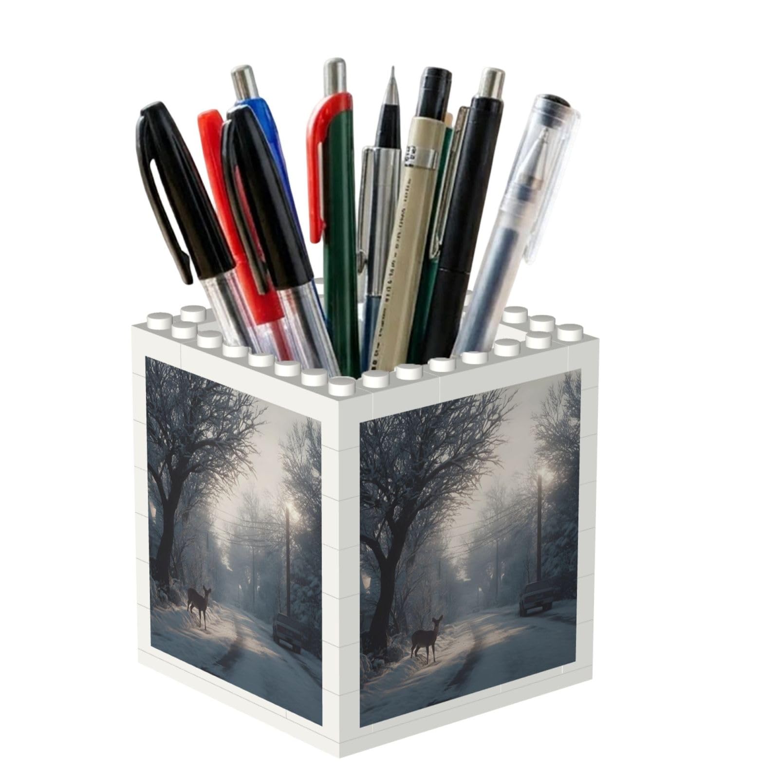 ESNAIUVCD Winter Print Building Block Pen Holder - Pencil Holder For Desk/Classroom,Desk Accessories, Multifunctional Office Supplies Pen Organizer Pencil Cups(2pcs)