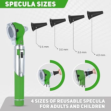 Compact Fiber Optic Otoscope Kit | 2.5V Halogen Light | Magnifying Lens | 2.5X Magnification | Portable ENT Diagnostic Set with 10 Free Specula and Carry Pouch (Green)