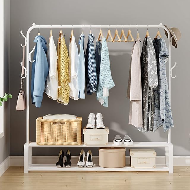 Anmas Box Heavy Duty Clothes Rail Garment Rack with Shelves, Metal Cloth Hanger Rail Stand Clothes Coat Rack with 6 Side Hooks, Tidy Rails with 2 Tier Lower Storage Shelf for Shoes Boxes ( White )