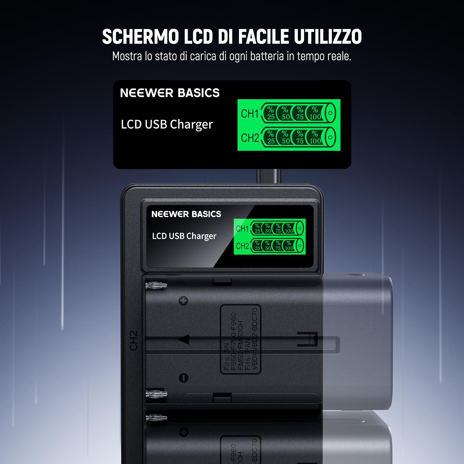 NEEWER BASICS NP-F970 Batteria Ricambio 7800mAh 2pz, Caricatore USB Doppio Compatibile con Sony NP-F970 F960 F950 F770 F750 F570 F550 FX3 FX30 A7 Canon R5 Nikon Z8 Camera Handycam Luce LED Monitor