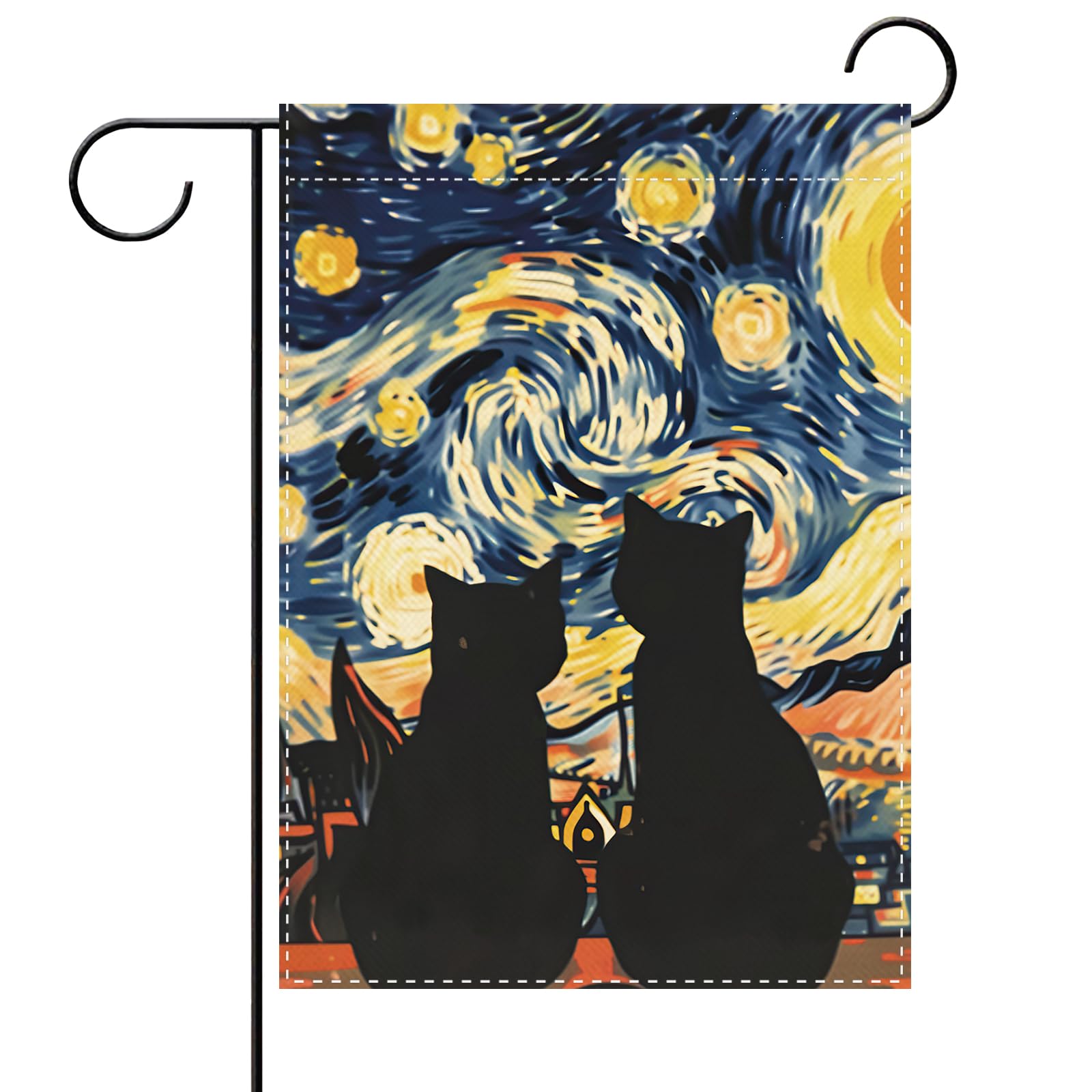 Drapeau de jardin chat noir et nuit étoilée pour décoration extérieure d'art