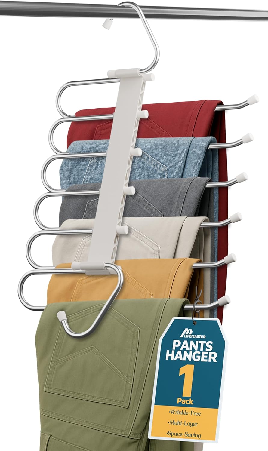 LIFEMASTER 6-Layer Space Saving Pants Hangers, Jeans & Skirts Organizer with Anti-Slip Stoppers, Heavy-Duty Stainless Steel, White - 1 Pack