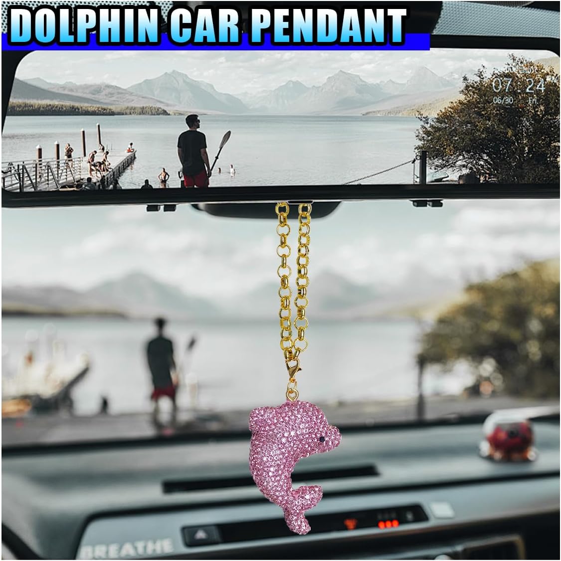 Bling Dolphin Ornaments for Car Decoration, Funny Rear View Mirror Charm with Sparkle Rhinestone, Ocean Themed Car Interior Pendant Accessory, Cute Present for Women, Men, Ocean Lover (Pink)