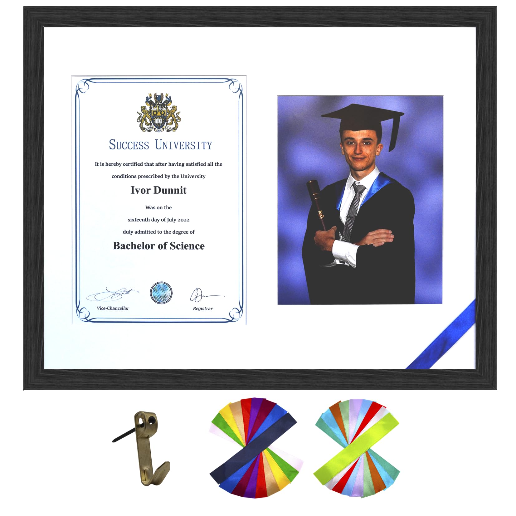 Graduation Frame (55.5cm x 45.2cm) to hold your Graduation Certificate & Photo, Includes 18 coloured ribbons