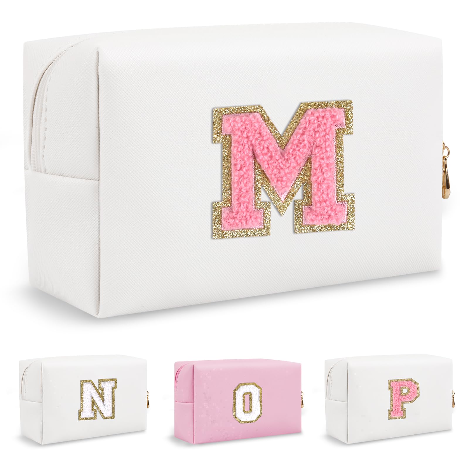 Small Travel Initial Preppy Makeup Bag, Personalized White Cute Cosmetic Organizer Chenille Letter Travel Toiltery Zipper Pouch, Waterproof PU Leather Make Up Case Gifts for Mom Women Female(Letter M)