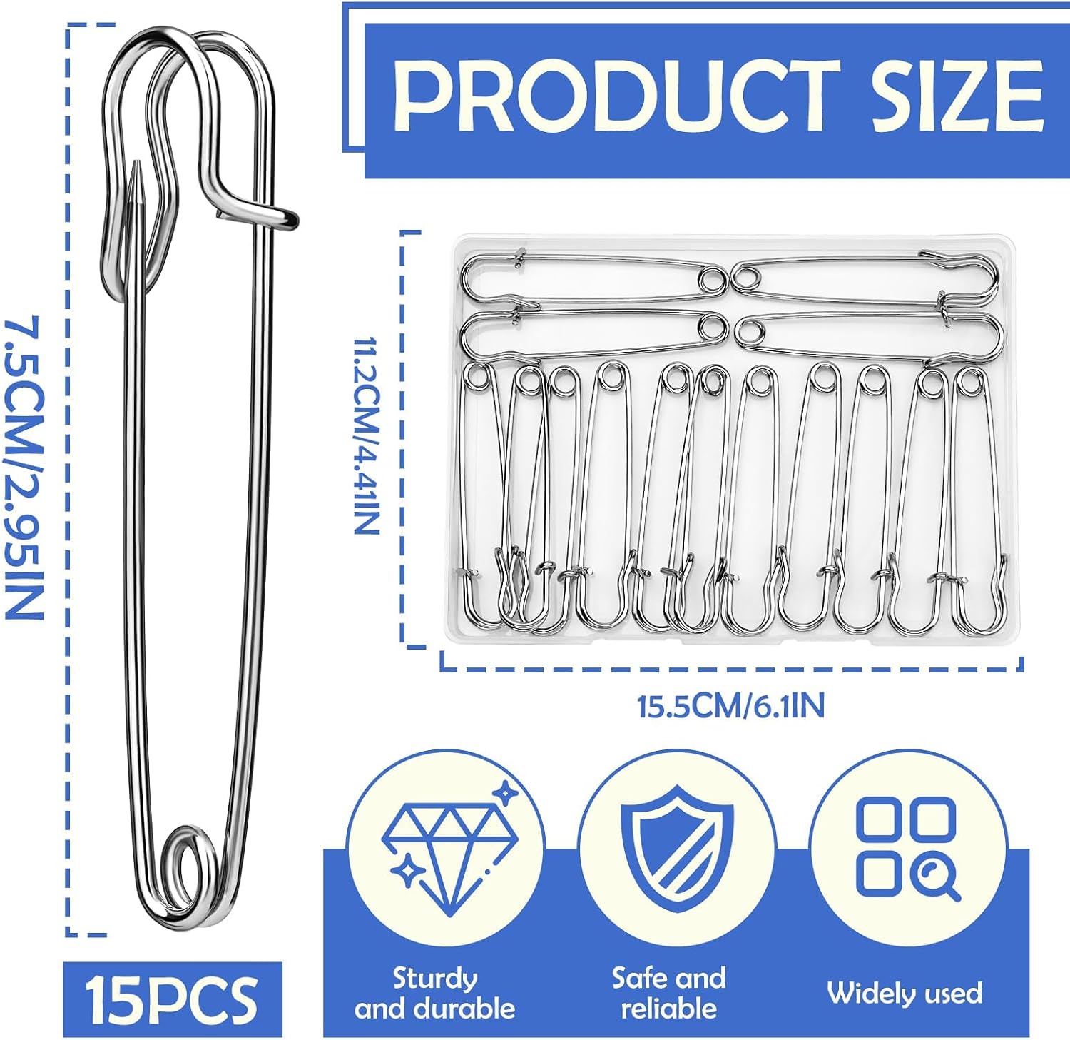 Large Safety Pins, 15 Pack Heavy Duty Safety Pins 3 Inch, Stainless Steel Safety Pin for Clothes, Blankets, Laundry, Leather Canvas, DIY Crafts