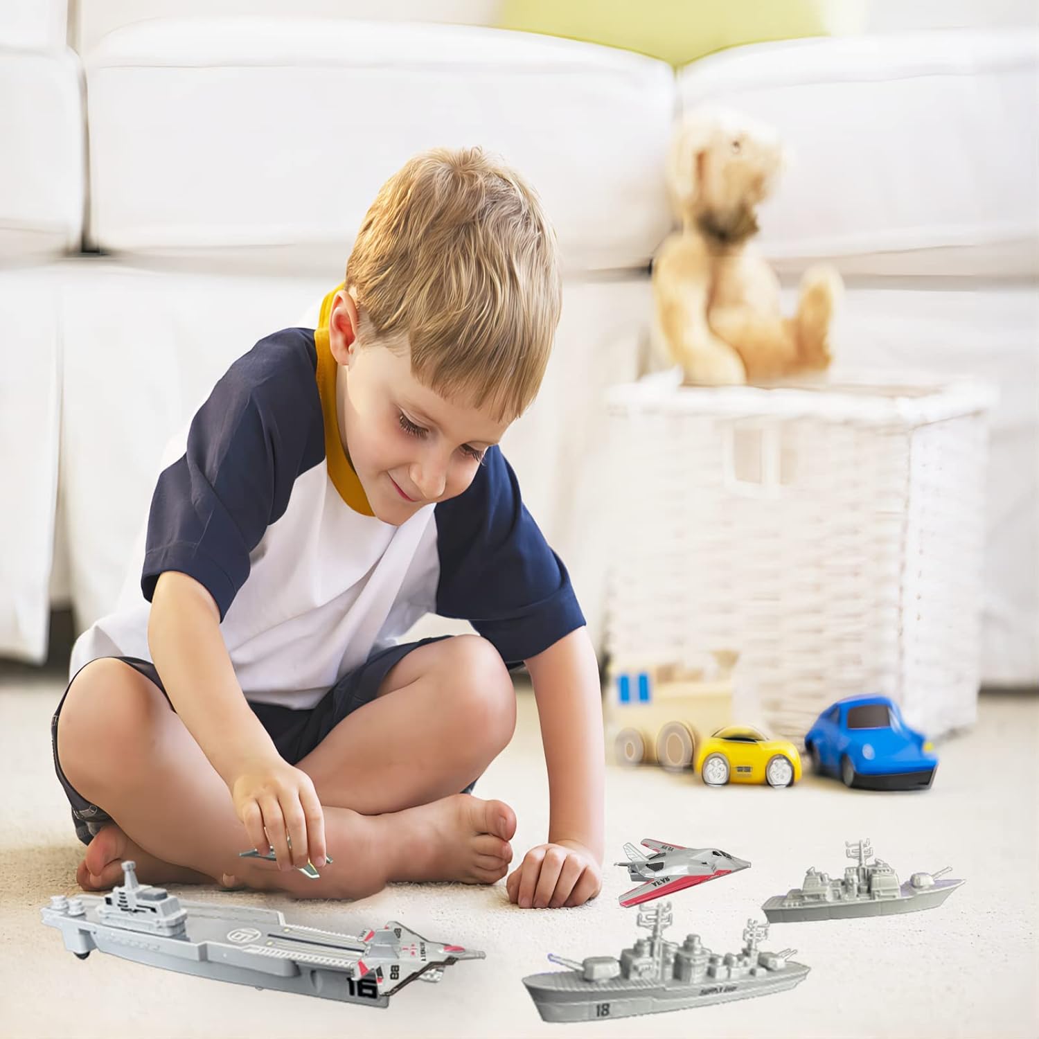 WASK Army Toys for Boys - Launching Military Aircraft Carrier Toys Set Military Naval Ship with Battleship, Supply Ship, Fighter Jets, Aircraft Carrier Model Kit Cool Toys for Boys Girls
