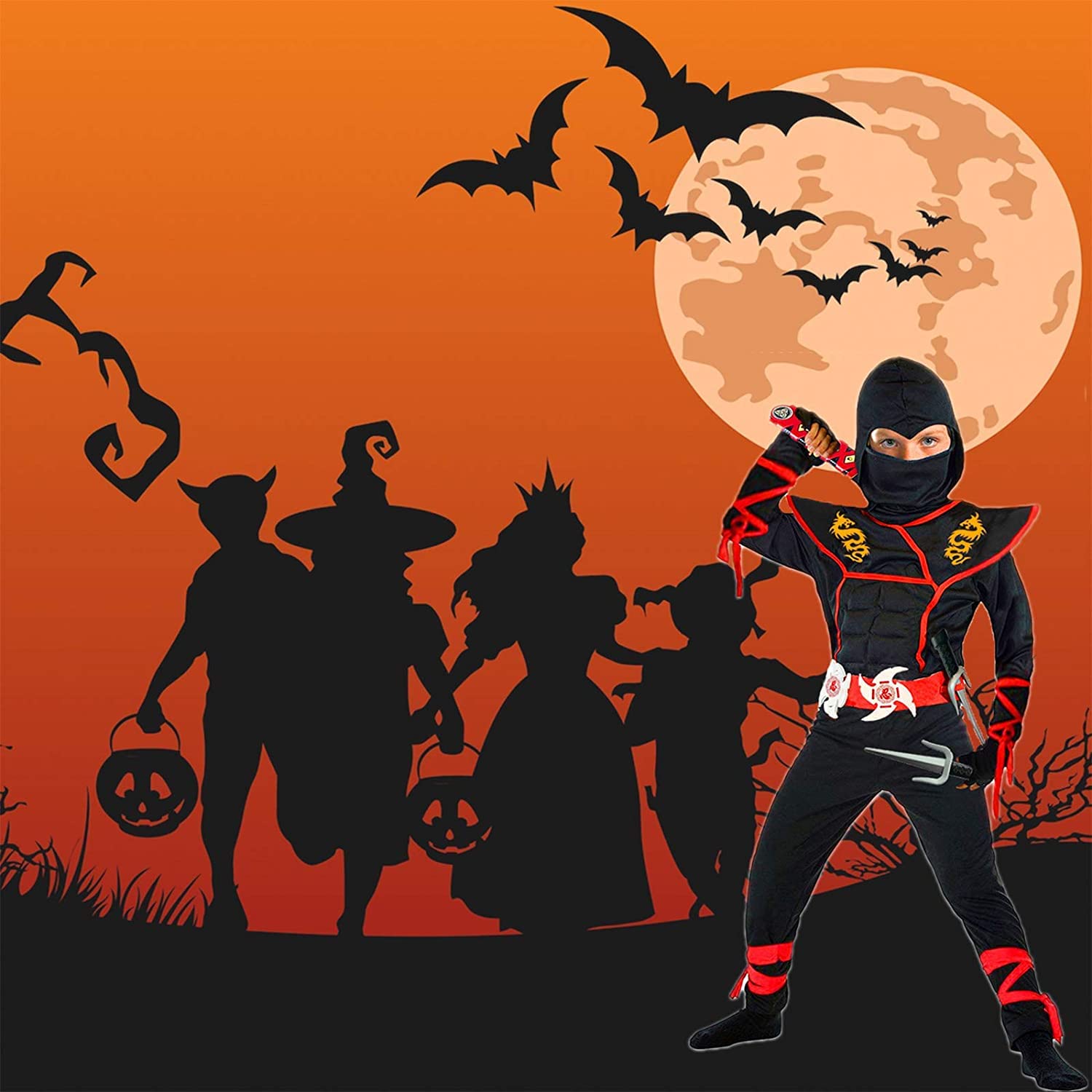 SATKULL Kids Ninja Costumes Halloween Ninja Costume Set for Boy Deluxe Ninjas Role Playing Suit(Kids-S-4/5T Black) - Image 3