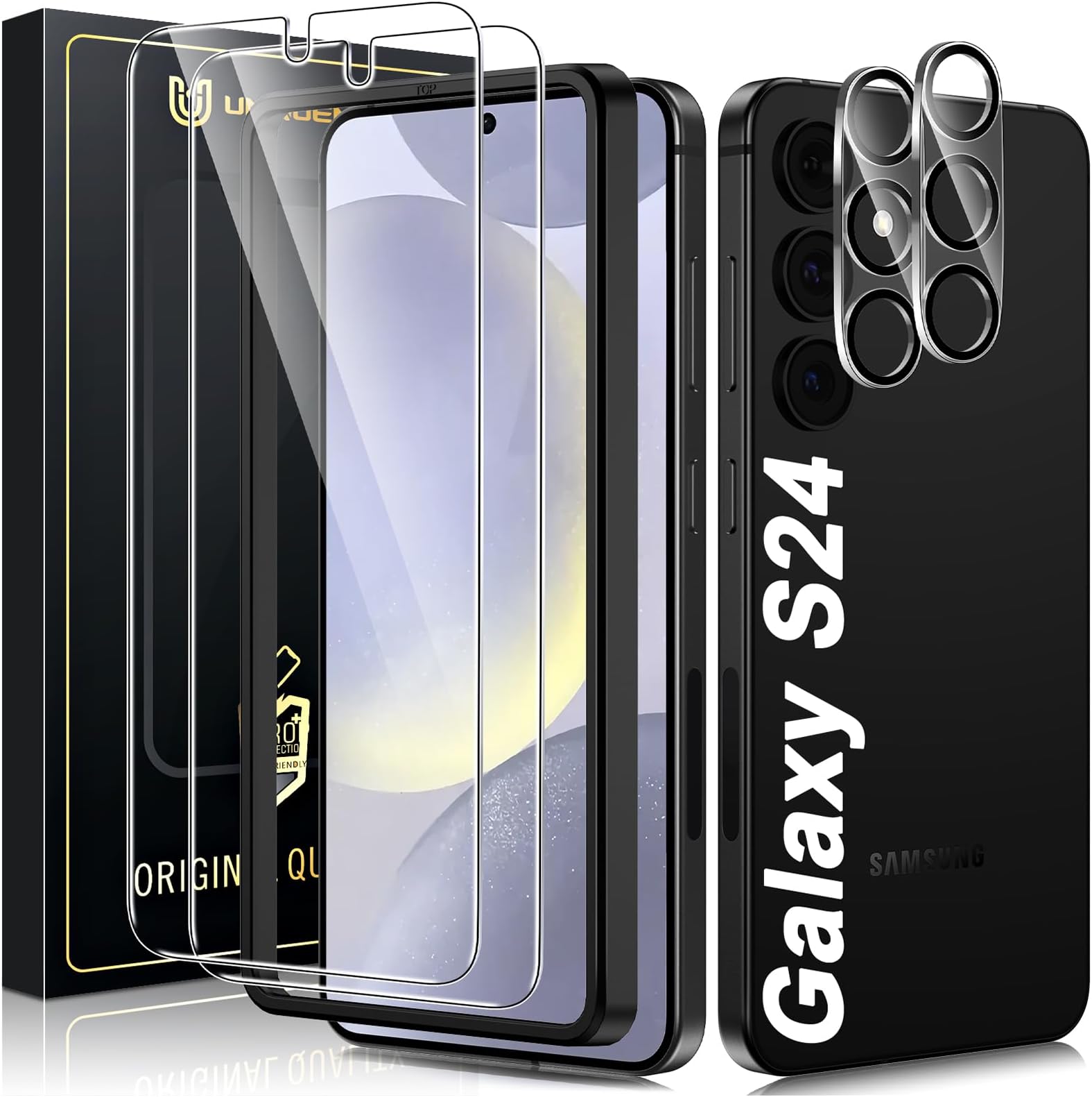 UniqueMe[2+2 Pack for Samsung Galaxy S24 Screen Protector, [Hardness of Diamonds] Tempered Glass and Camera Lens Protector [Upgraded Anti-Explosion] Fingerprint Unlock Screen CoverClimatePartner certified
