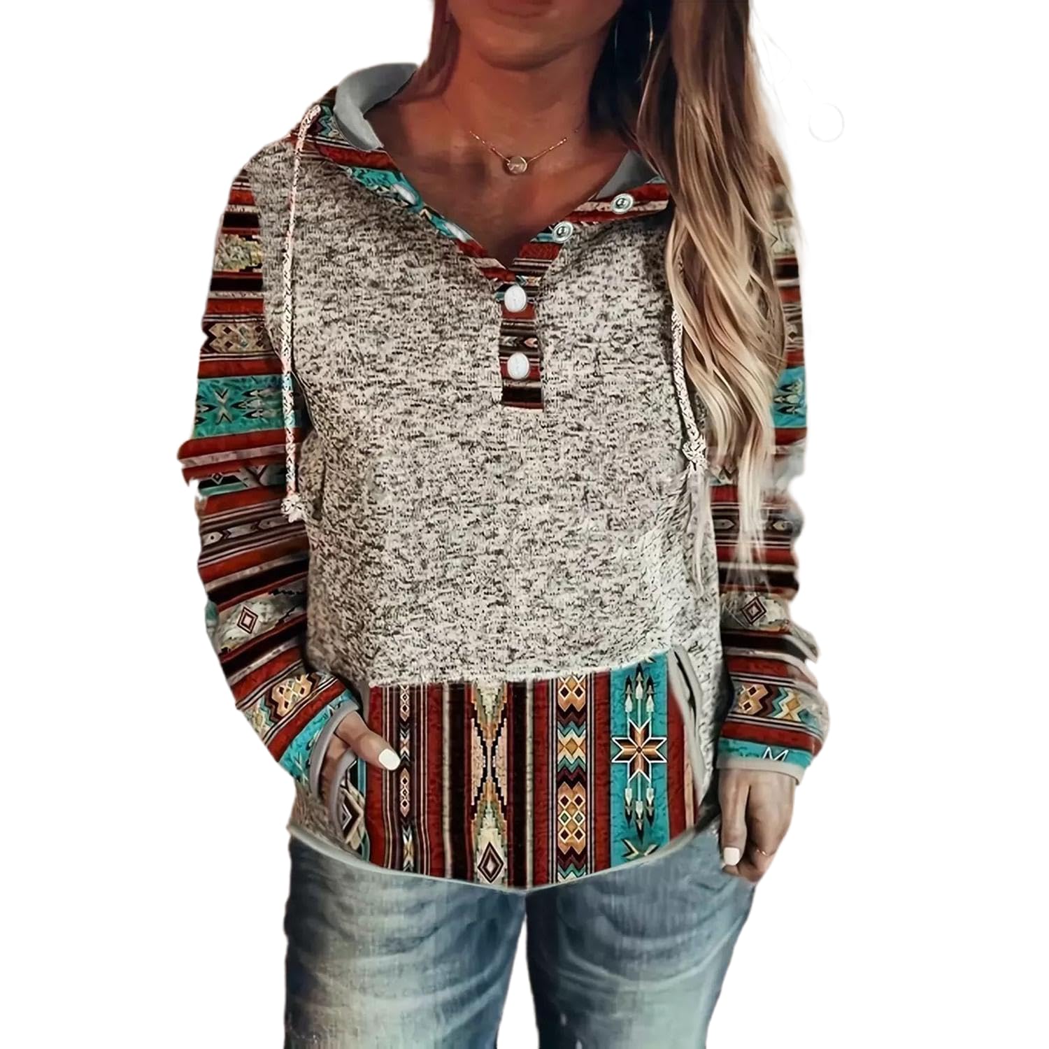 lozhacloo Womens Western Aztec Geometric Hoodie Graphic Pullover Sweater Long Sleeve Sweatshirt Casual Top with Pockets