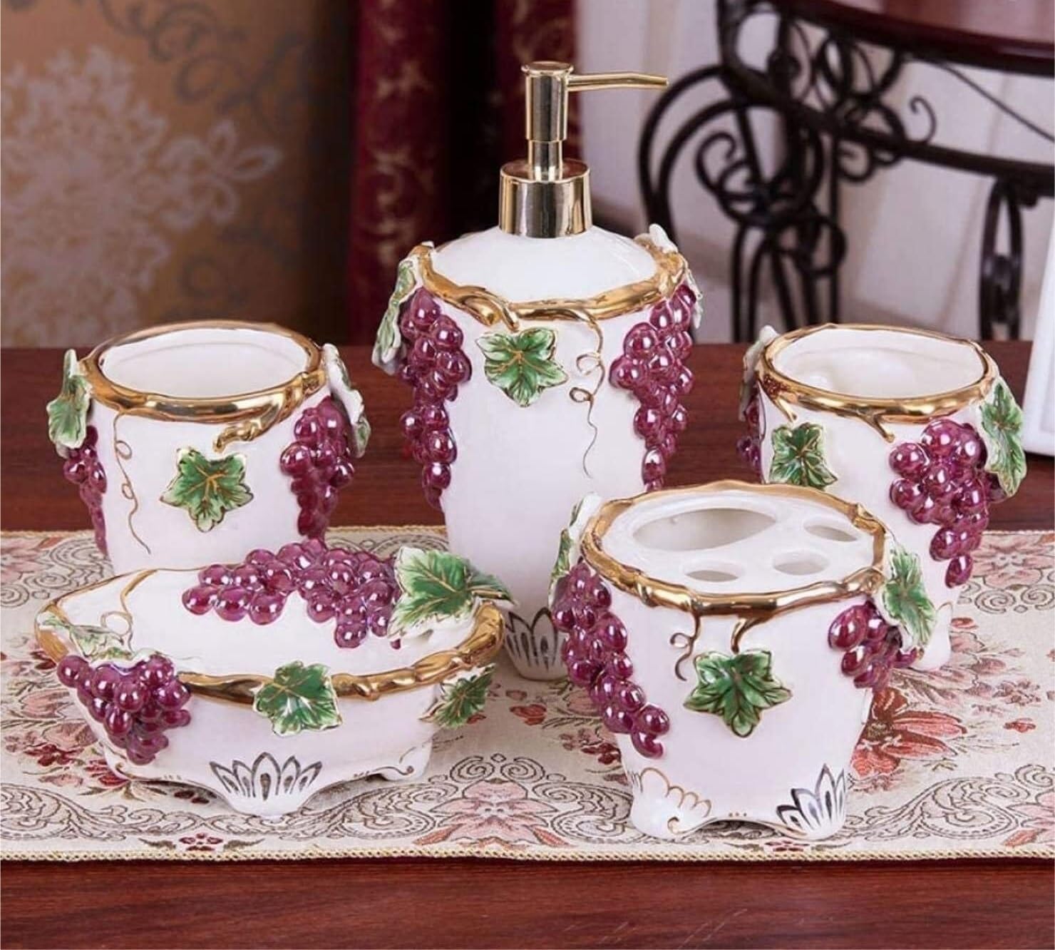 Badezimmer Set 5-teiliges Badezimmer-Zubehör-Set, Traubenmuster, Keramik, Badezimmer-Bürsten, Praktisches Dekoration Organizer