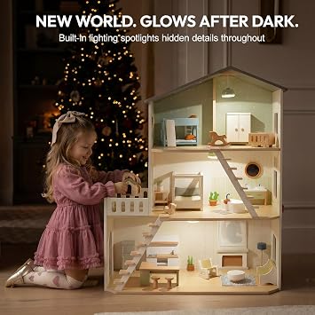 Giant bean Modern Wooden Dollhouse with Lights & 37PCS Furniture Set Nordic Style 3-Story Playhouse for Kids Age 3+, Natural Wood Montessori Doll House with Realistic Rooms, Gift for Girls & Boys