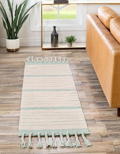 Unique Loom Chindi Cotton Collection - Alfombra de área - Sophie (2 pies 7 pulgadas x 12 pies, color blanco y aguamarina)