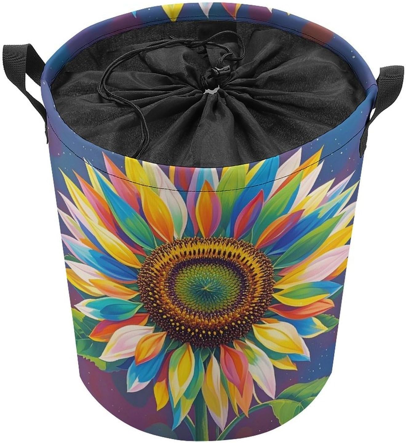 Color Painting Sunflower Laundry Bag Large Collapsible Laundry Baskets Freestanding Waterproof Clothes Hamper with Handles & Drawstring for Laundry Room Bedroom Bathroom